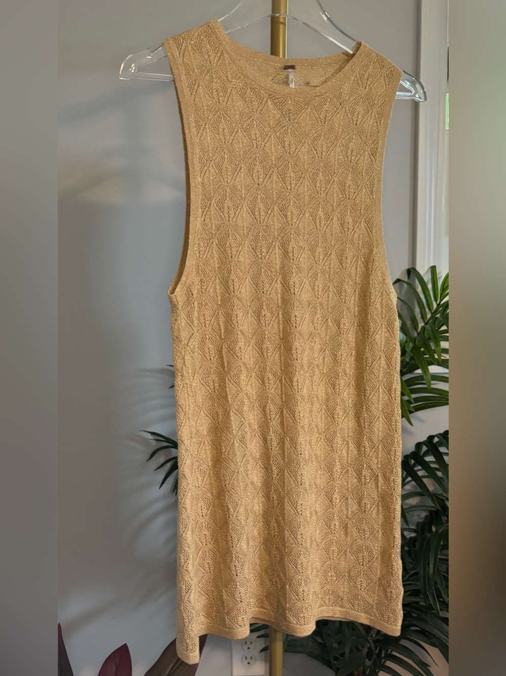Free People Sleeveless Crochet Knit Gold Mini Dress